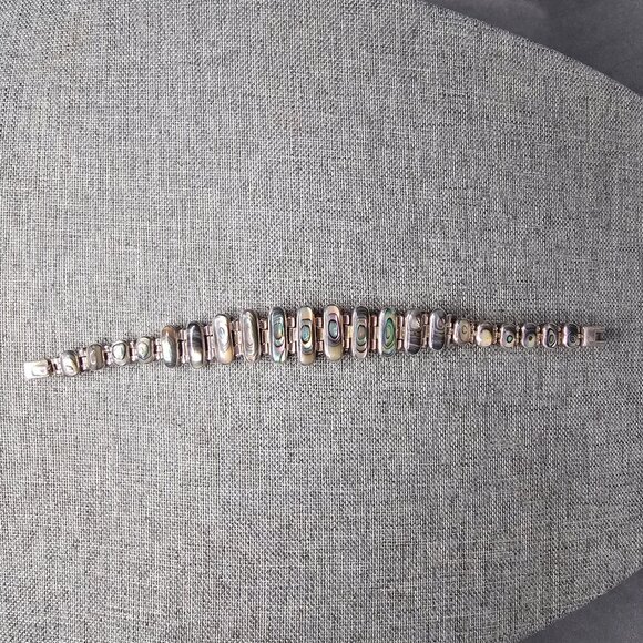 Vintage Mexico 950 Silver & Abalone Shell Link Bracelet 7.5" Signed J-13 - Picture 4 of 6